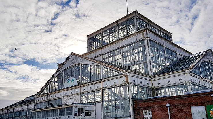 Exterior of glass and iron winter gardens at Great Yarmouth
