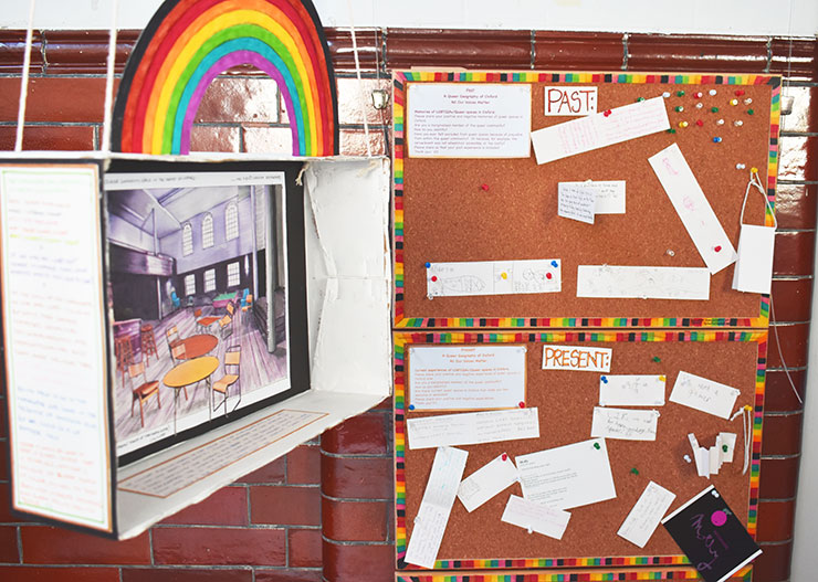 Museum of Oxford's Queering Spires exhibiton. Display of corkboards and visitor contributions