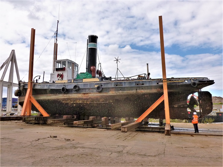 The Kerne positioned on the slipway, ready for emergency repair work