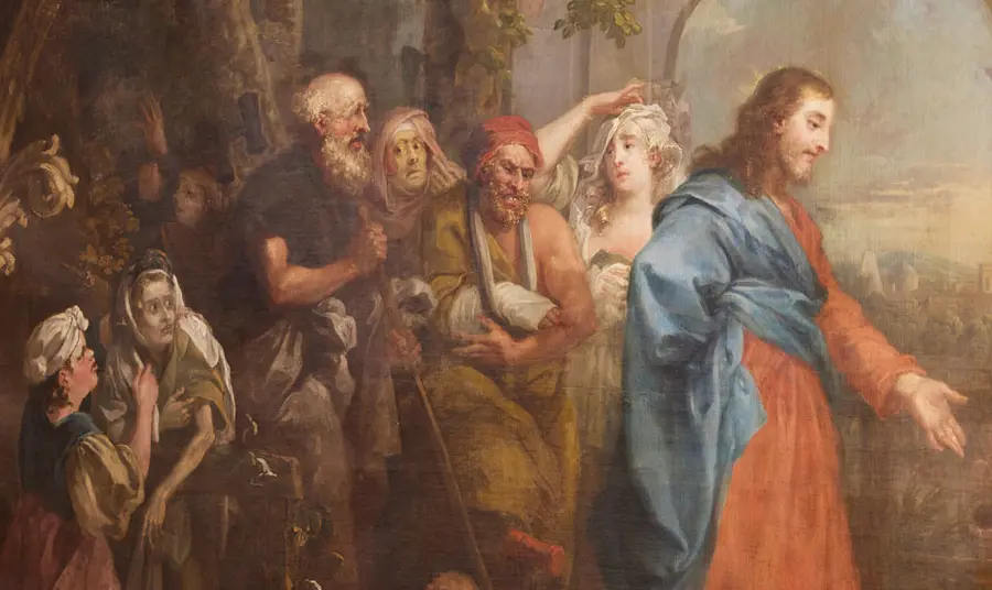 Close up of the painting showing a scene of people suffering from conditions of ill health