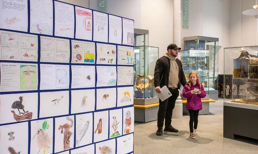 A family look around the exhibition featuring drawings of animals by school children