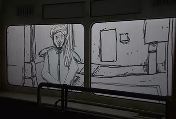 Artwork showing people in a bus