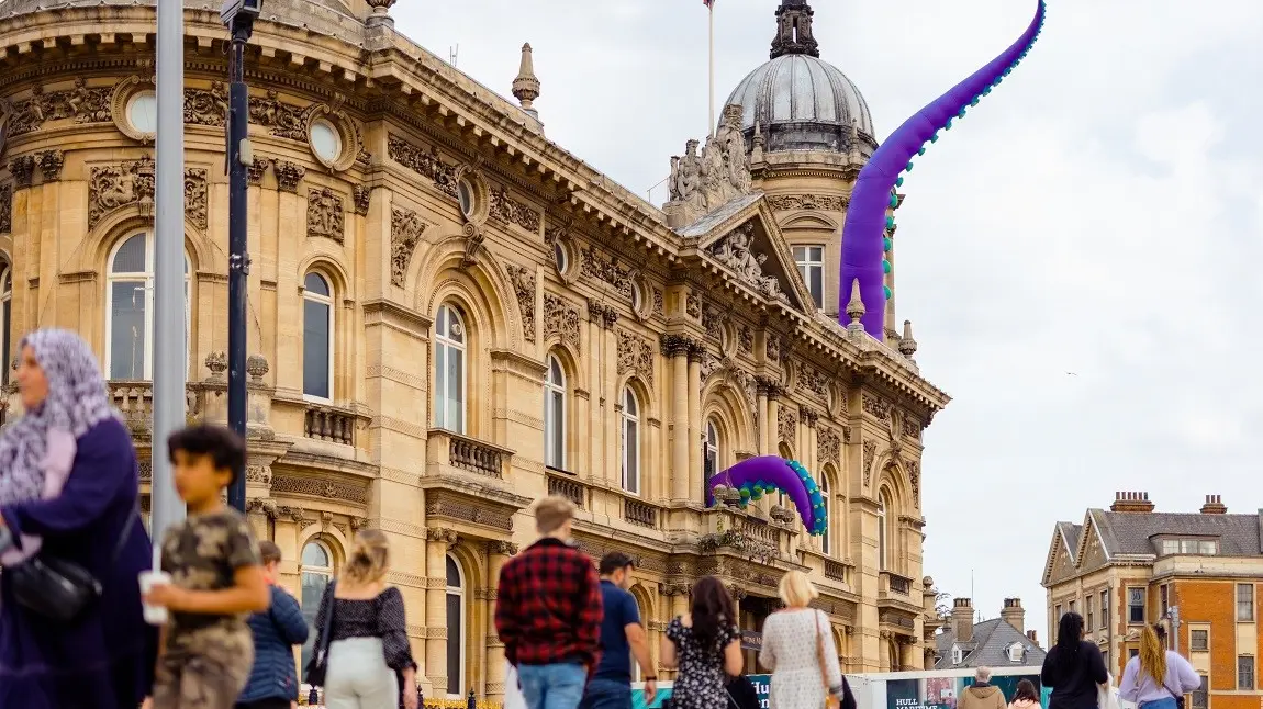 The outside of the Hull Maritime Museum, under renovation, with sea monster tentacles appearing out the top